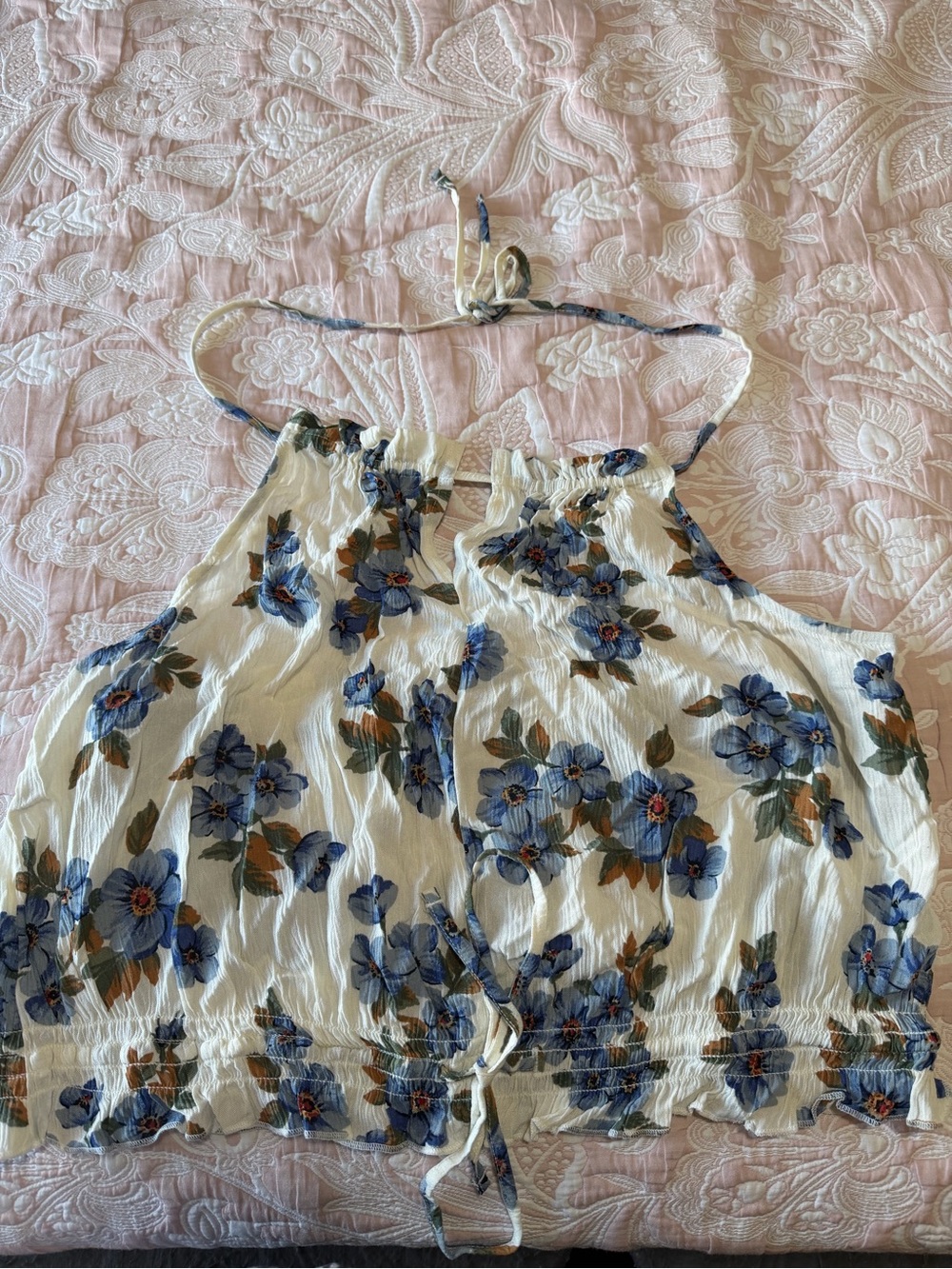 American Eagle Outfitters Cream Halter Camisole with Blue Floral Print
